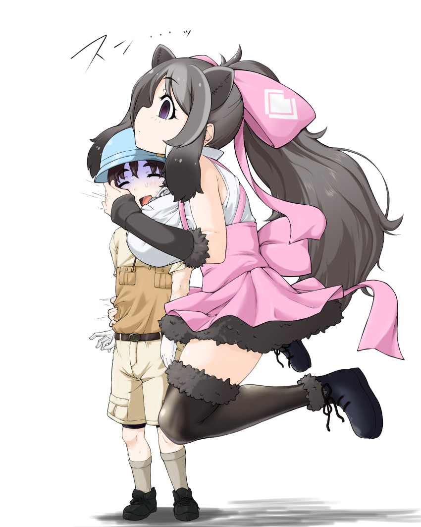 1boy 1girl angakoq animal_ears back_bow bare_shoulders bear_ears bergman's_bear_(kemono_friends) black_hair blush bow bracelet breast_smother breasts brown_hair captain_(kemono_friends) center_frills closed_mouth commentary_request empty_eyes extra_ears face_to_breasts frills full_body fur-trimmed_skirt fur_bracelet fur_trim gloves grey_hair hair_bow height_difference high_ponytail highres hug huge_bow jewelry kemono_friends kemono_friends_3 large_breasts long_hair motion_lines multicolored_hair open_mouth serious shirt shoes shorts sidelocks skirt sleeveless sleeveless_shirt smile socks standing sweat thighhighs turn_pale very_long_hair zettai_ryouiki