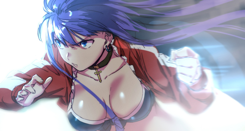 1girl aoba_(smartbeat) bangs bikini black_bikini blue_eyes blunt_bangs breasts choker cleavage collarbone cross_choker fate/grand_order fate_(series) fighting_stance highres jacket large_breasts long_hair long_sleeves looking_to_the_side martha_(fate) martha_(swimsuit_ruler)_(fate) open_clothes open_jacket purple_hair red_jacket swimsuit