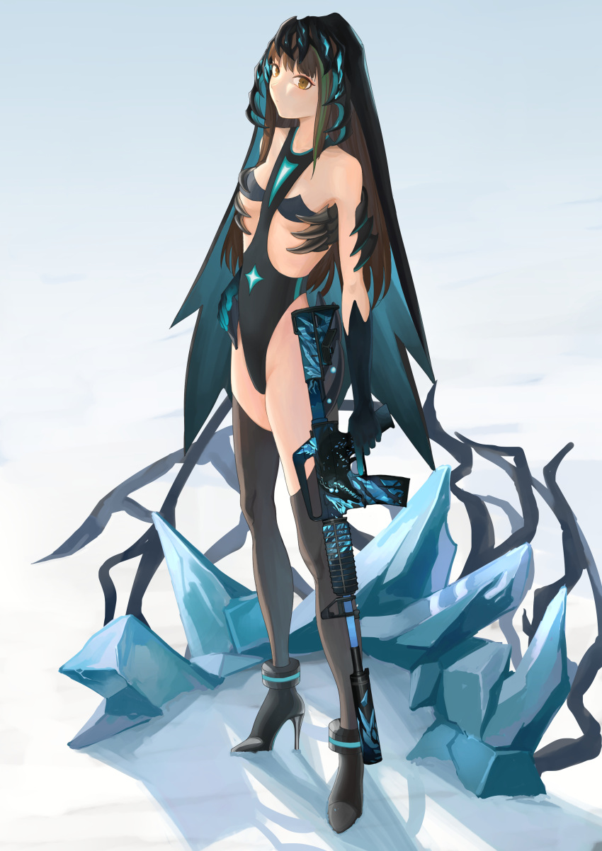 1girl absurdres assault_rifle bare_shoulders black_footwear black_gloves black_legwear breasts brown_hair chuck_(harfmoondark) counter_strike:_global_offensive elbow_gloves eyebrows_visible_through_hair girls'_frontline gloves gun high_heels highres holding holding_weapon ice light_brown_eyes long_hair looking_at_viewer m4_carbine m4a1_(girls'_frontline) multicolored_hair rifle simple_background small_breasts solo standing thighhighs weapon