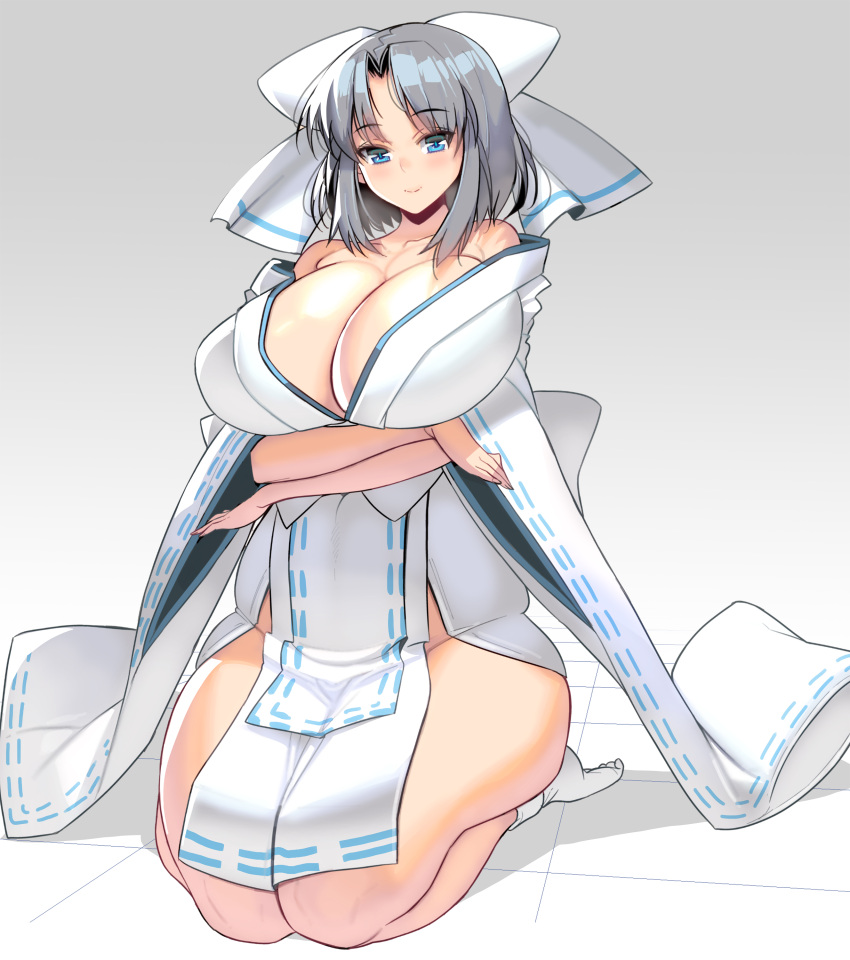 1girl absurdres bare_shoulders blue_eyes blush bow breasts cleavage grey_hair hair_bow highres huge_breasts japanese_clothes kimono kneeling looking_at_viewer masao medium_hair no_panties obi off-shoulder_kimono plump sash senran_kagura shiny shiny_hair shiny_skin socks solo thick_thighs thighs white_bow yumi_(senran_kagura)