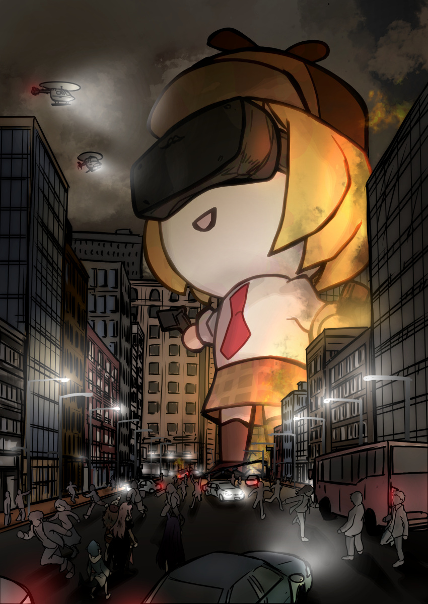 1girl absurdres aircraft blonde_hair brown_legwear brown_skirt building bus chibi city controller ddolbang giant giantess ground_vehicle head_mounted_display helicopter highres holding holding_controller hololive hololive_english lamppost motor_vehicle night night_sky plaid plaid_skirt shirt short_hair skirt sky thighhighs virtual_youtuber watson_amelia white_shirt
