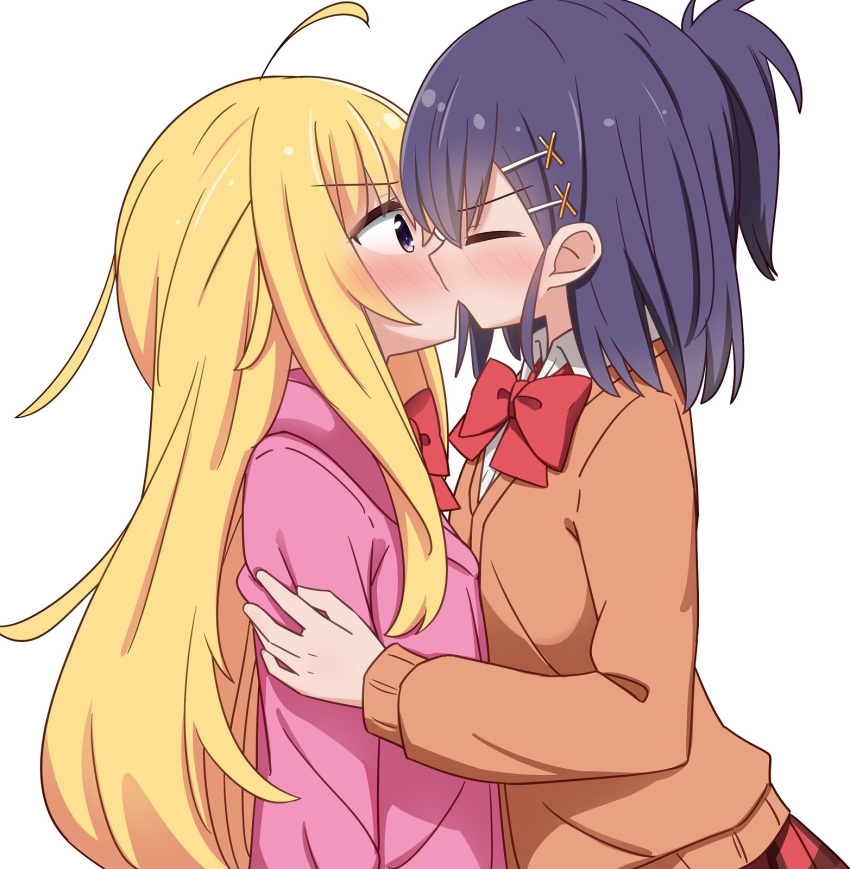 2girls ahoge black_hair blonde_hair blush bow closed_eyes cross_hair_ornament gabriel_dropout gabriel_tenma_white hair_ornament highres jacket kiss long_hair looking_at_another medium_hair miruzawa_akechi multiple_girls ponytail purple_eyes school_uniform simple_background upper_body vignette_tsukinose_april white_background yuri