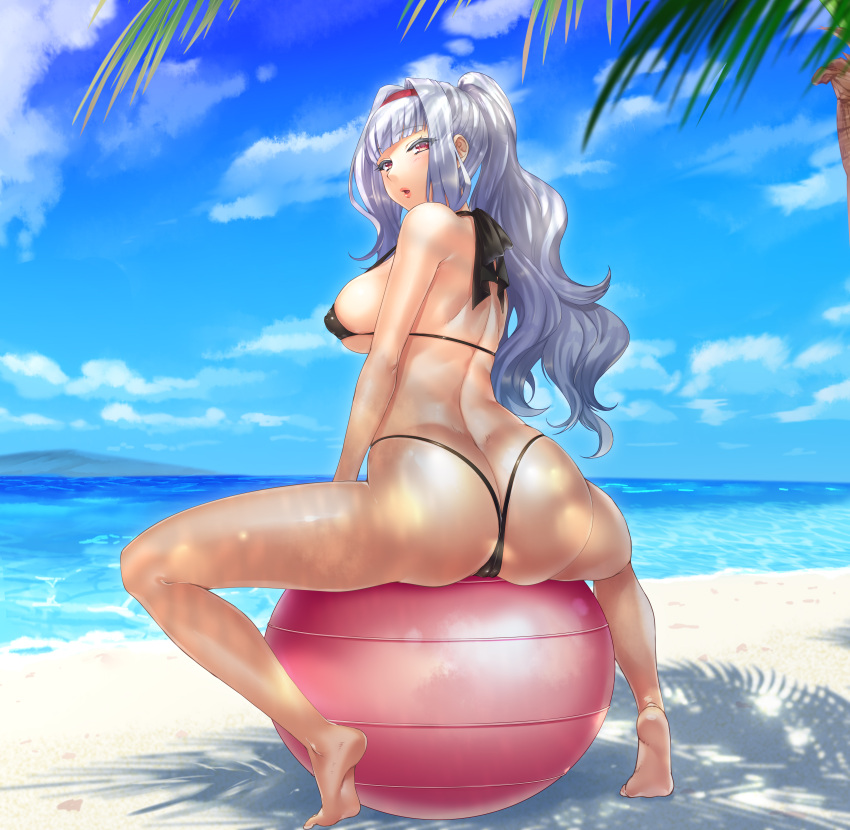 1girl absurdres ass ball barefoot beach bikini black_bikini blush breasts exercise_ball from_behind hairband highres idolmaster large_breasts long_hair looking_at_viewer looking_back micro_bikini neziiro ocean open_mouth outdoors palm_tree pink_eyes ponytail sand shijou_takane shiny shiny_hair shiny_skin silver_hair sitting_on_ball skindentation soles solo spread_legs swimsuit tree water