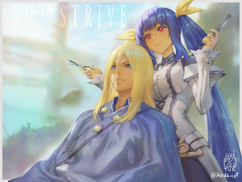 1boy 1girl bangs blonde_hair blue_eyes blue_hair blue_robe blurry blurry_background breasts closed_mouth collared_shirt comb commentary_request copyright_name cutting_hair dizzy_(guilty_gear) dress eyebrows_visible_through_hair guilty_gear guilty_gear_xrd hair_between_eyes hair_ribbon highres holding holding_comb holding_scissors ikeda_(cpt) large_breasts long_hair red_eyes ribbon scissors shirt sidelocks sitting smile standing twintails very_long_hair white_dress yellow_ribbon