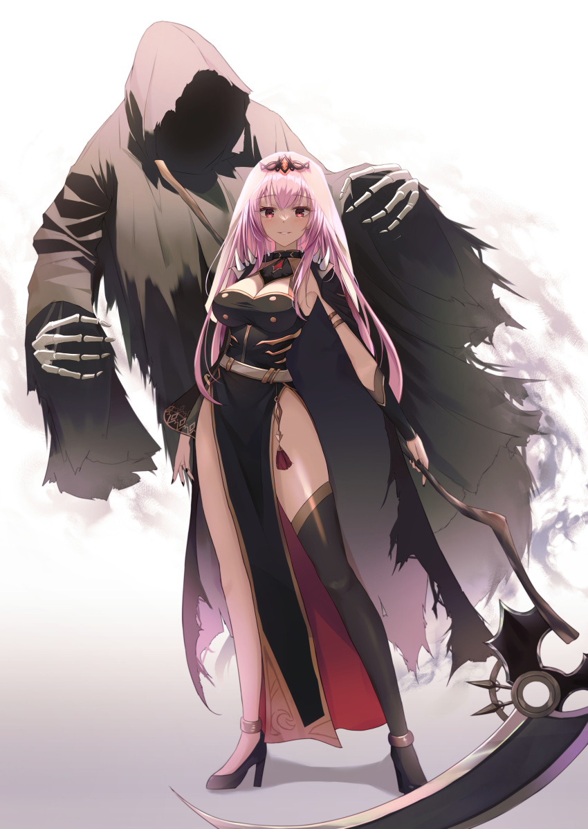 1girl absurdres asymmetrical_legwear bangs breasts cleavage cloak death_(entity) dress eyebrows_visible_through_hair full_body grim_reaper high_heels highres holding holding_scythe hololive hololive_english hood hooded_cloak large_breasts long_hair looking_at_viewer mori_calliope okey pink_hair red_eyes scythe side_slit single_thighhigh thighhighs thighs tiara uneven_legwear veil virtual_youtuber