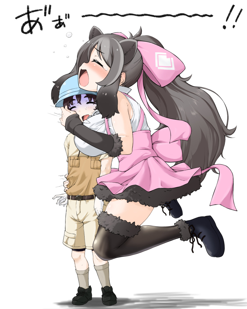1boy 1girl angakoq animal_ears back_bow bare_shoulders bear_ears bergman's_bear_(kemono_friends) black_hair blush bow bracelet breast_smother breasts brown_hair captain_(kemono_friends) center_frills commentary_request extra_ears face_to_breasts frills full_body fur-trimmed_skirt fur_bracelet fur_trim furrowed_brow gloves grey_hair hair_bow height_difference high_ponytail highres hug huge_bow jewelry kemono_friends kemono_friends_3 large_breasts long_hair motion_lines multicolored_hair nose_blush open_mouth shirt shoes shorts sidelocks skirt sleeveless sleeveless_shirt smile socks standing sweat tearing_up thighhighs turn_pale very_long_hair zettai_ryouiki
