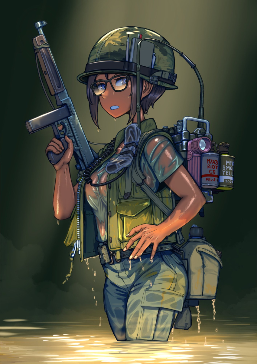 1girl canteen erica_(naze1940) explosive flashlight glasses grenade gun helmet highres holding holding_gun holding_weapon load_bearing_equipment m1_helmet military military_uniform notebook original radio_antenna see-through short_hair soldier solo submachine_gun thompson_submachine_gun uniform weapon wet wet_clothes world_war_ii