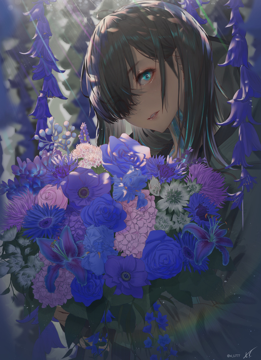 1girl absurdres arknights bangs bellflower black_hair blue_eyes blue_flower bouquet commentary daisy dark-skinned_female dark_skin eyebrows_visible_through_hair eyes_visible_through_hair flint_(arknights) flower green_flower hair_over_one_eye heliotrope_(flower) highres holding holding_bouquet holding_flower hood hood_down huge_filesize hyacinth iris_(flower) lavender_(flower) lens_flare light_rays long_hair looking_at_viewer parted_lips petunia_(flower) pink_flower purple_flower rose solo sunbeam sunlight twitter_username white_flower xi-u