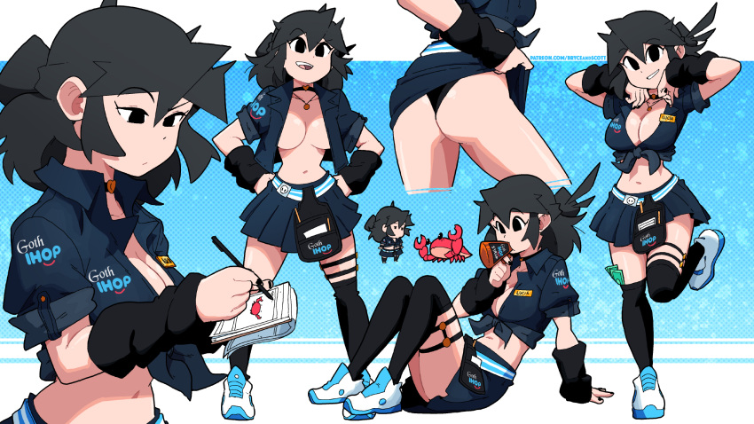 1girl arms_up ass black_eyes black_hair black_legwear black_skirt breasts choker cleavage crab femboy_hooters gothic highres holding holding_pen ihop jewelry kneehighs large_breasts long_hair looking_at_viewer lucia_(scott_malin) midriff multiple_views navel necklace no_bra original parted_lips pen pleated_skirt scott_malin shirt shoes skirt smile tied_shirt writing