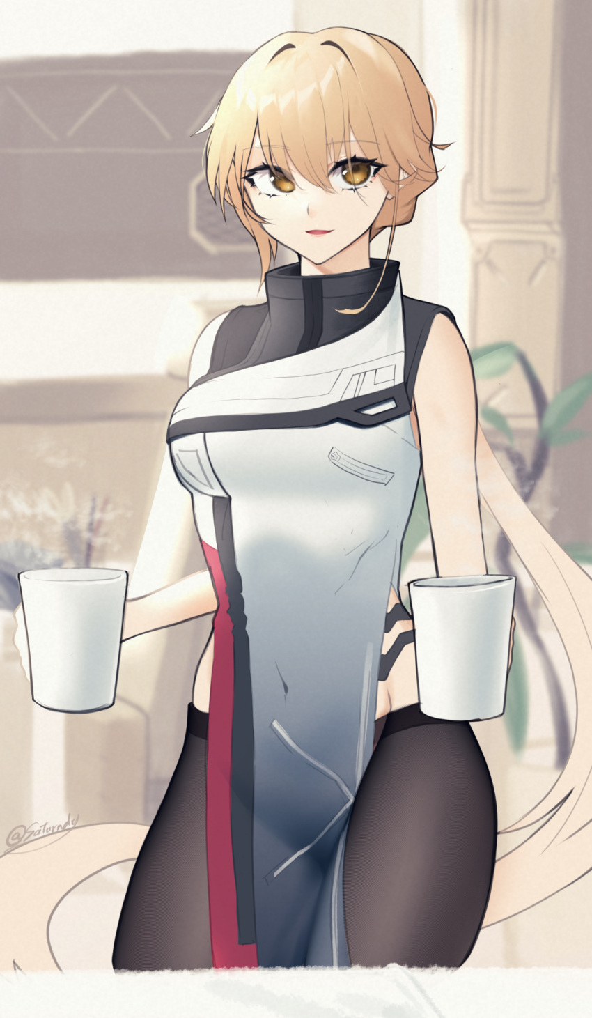 1girl alternate_costume artist_name black_legwear blonde_hair breasts coffee_mug commentary_request cup eyebrows_visible_through_hair girls'_frontline girls'_frontline_2:_exilium groin highres holding holding_cup lips long_hair looking_at_viewer medium_breasts mug open_mouth ots-14_(girls'_frontline) pantyhose pelvic_curtain saturndxy simple_background solo steam very_long_hair yellow_eyes