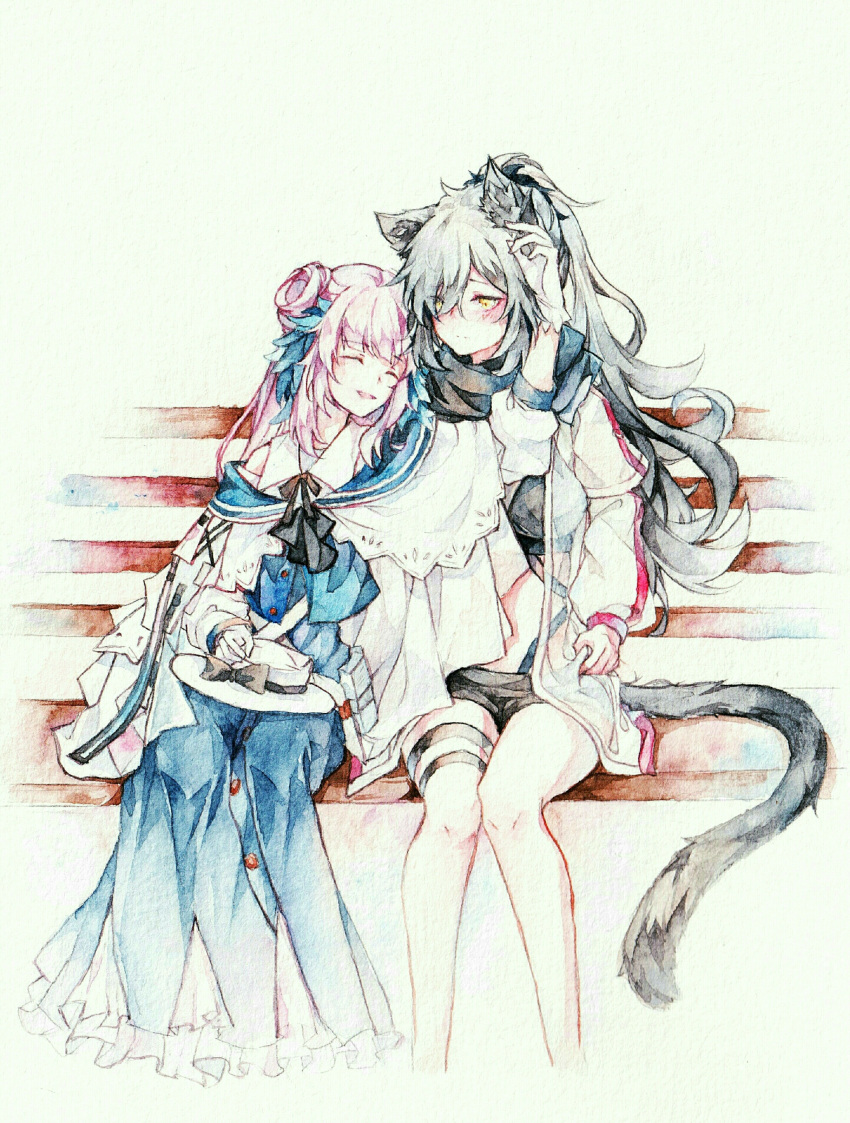 2girls absurdres animal_ears arknights bench black_scarf black_shirt black_shorts blonde_hair blue_dress cat_ears cat_girl cat_tail ceylon_(arknights) chinese_commentary closed_eyes dress feather_hair feet_out_of_frame grey_hair hair_bun hand_up hat hat_removed headwear_removed highres jacket leaning_on_person long_hair moyu_marginal multiple_girls open_clothes open_jacket pink_hair ponytail scarf schwarz_(arknights) see-through shirt short_shorts shorts sitting tail thigh_strap white_headwear white_jacket yuri