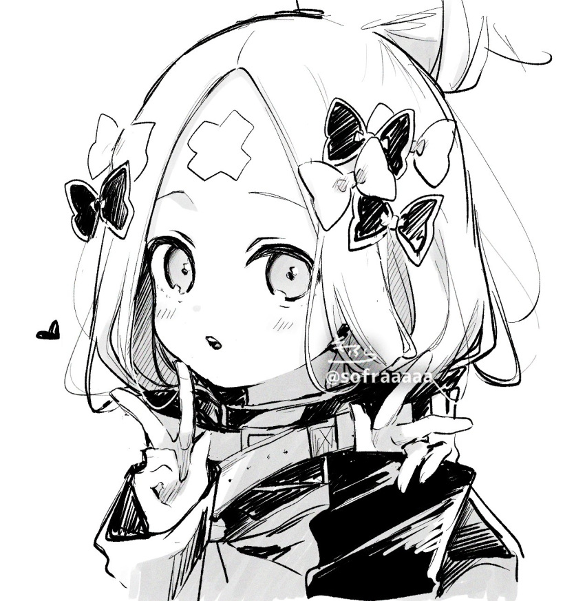 1girl abigail_williams_(fate) bangs blush bow double_v fate/grand_order fate_(series) greyscale hair_bow hair_bun hands_up heart heroic_spirit_traveling_outfit highres jacket long_sleeves looking_at_viewer monochrome parted_bangs parted_lips signature simple_background sleeves_past_wrists sofra solo twitter_username upper_body upper_teeth v white_background