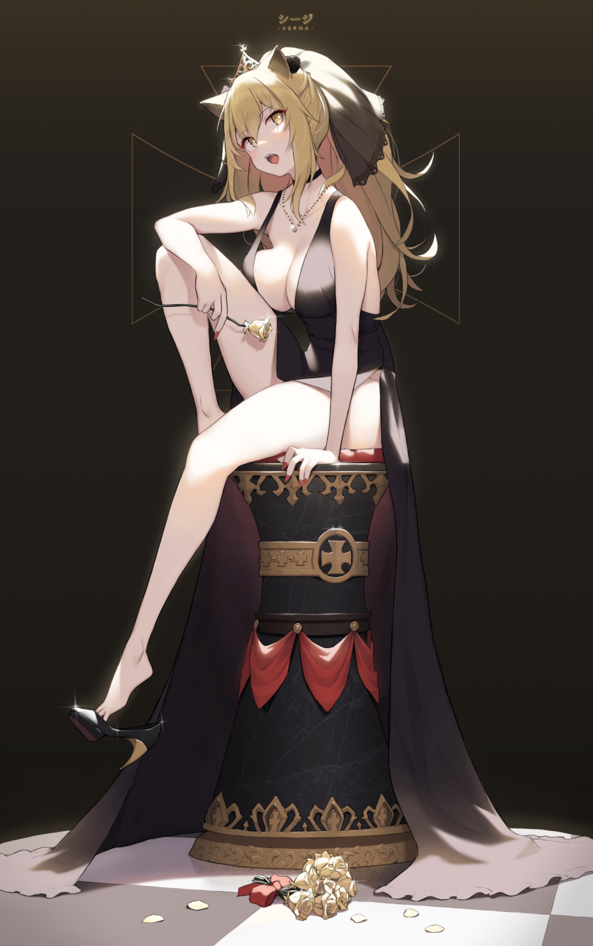 1girl absurdres animal_ears arknights arm_support bare_shoulders black_footwear blonde_hair breasts chess_piece chessboard choker cleavage cloba dress fangs flower hair_flower hair_ornament high_heels highres jewelry king_(chess) large_breasts long_hair looking_at_viewer nail_polish necklace open_mouth rose shoe_dangle siege_(arknights) sitting sleeveless sleeveless_dress tiara yellow_eyes