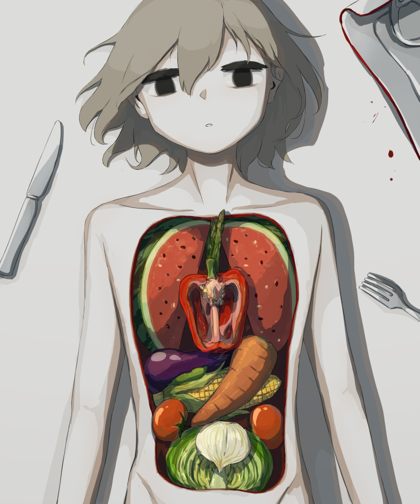 1boy absurdres arms_at_sides asparagus avogado6 beans bell_pepper black_eyes blood cabbage can carrot collarbone corn eggplant empty_eyes expressionless food fork fruit grey_hair groin hair_between_eyes hair_spread_out highres hole_in_chest hole_on_body knife looking_at_viewer lying male_focus no_pupils nude on_back onion organs original out-of-frame_censoring pale_skin parted_lips pepper shadow solo straight-on tomato upper_body vegetable watermelon watermelon_slice