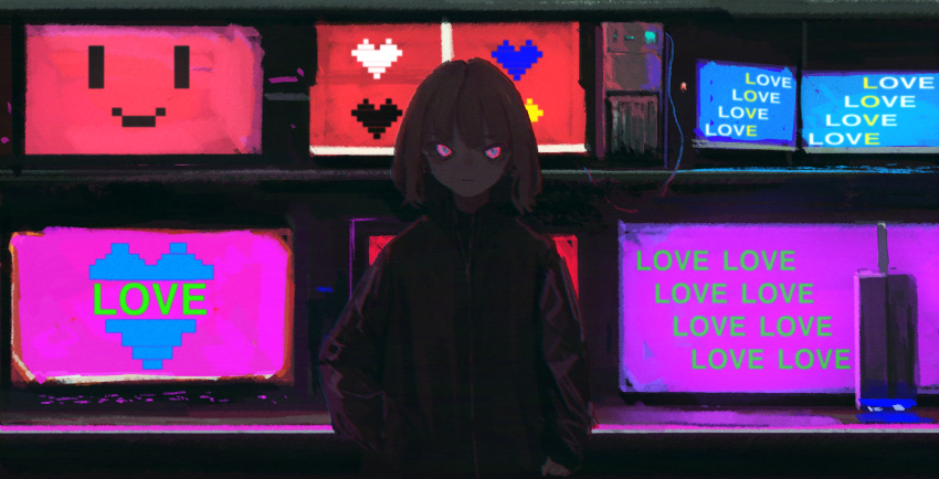 1girl bangs black_jacket blue_eyes bone closed_mouth commentary dark_room daruma_karei english_text frown heart highres jacket long_sleeves looking_at_viewer monitor multicolored multicolored_eyes original pink_eyes short_hair smiley_face solo upper_body