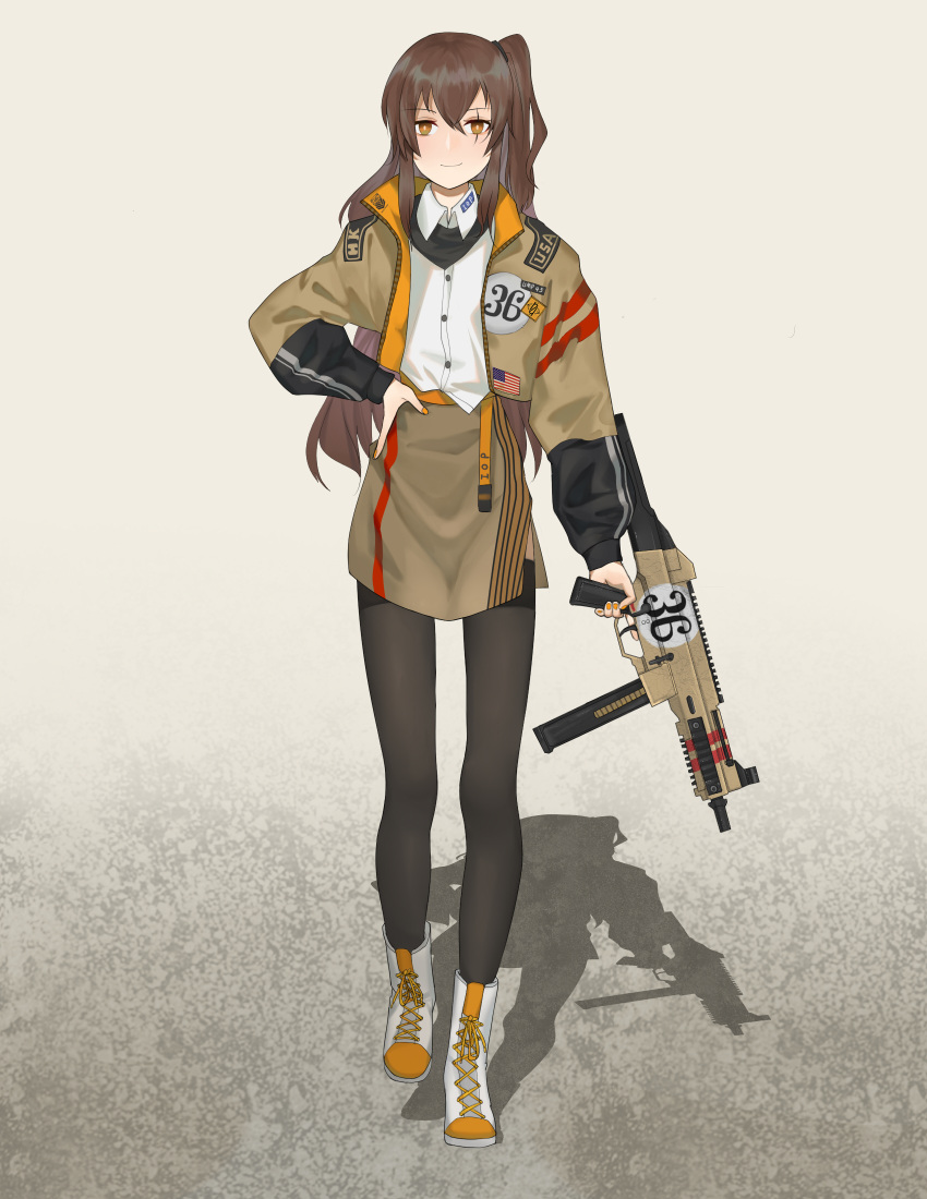 1girl american_flag black_legwear boots brown_eyes brown_hair brown_jacket brown_skirt chuck_(harfmoondark) closed_mouth counter_strike:_global_offensive eyebrows_visible_through_hair girls'_frontline gun h&amp;k_ump hand_on_hip highres holding holding_weapon jacket long_hair looking_at_viewer nail_polish open_clothes open_jacket pantyhose scar scar_across_eye shirt simple_background skirt smile solo standing submachine_gun ump45_(girls'_frontline) uniform weapon white_footwear white_shirt yellow_nails
