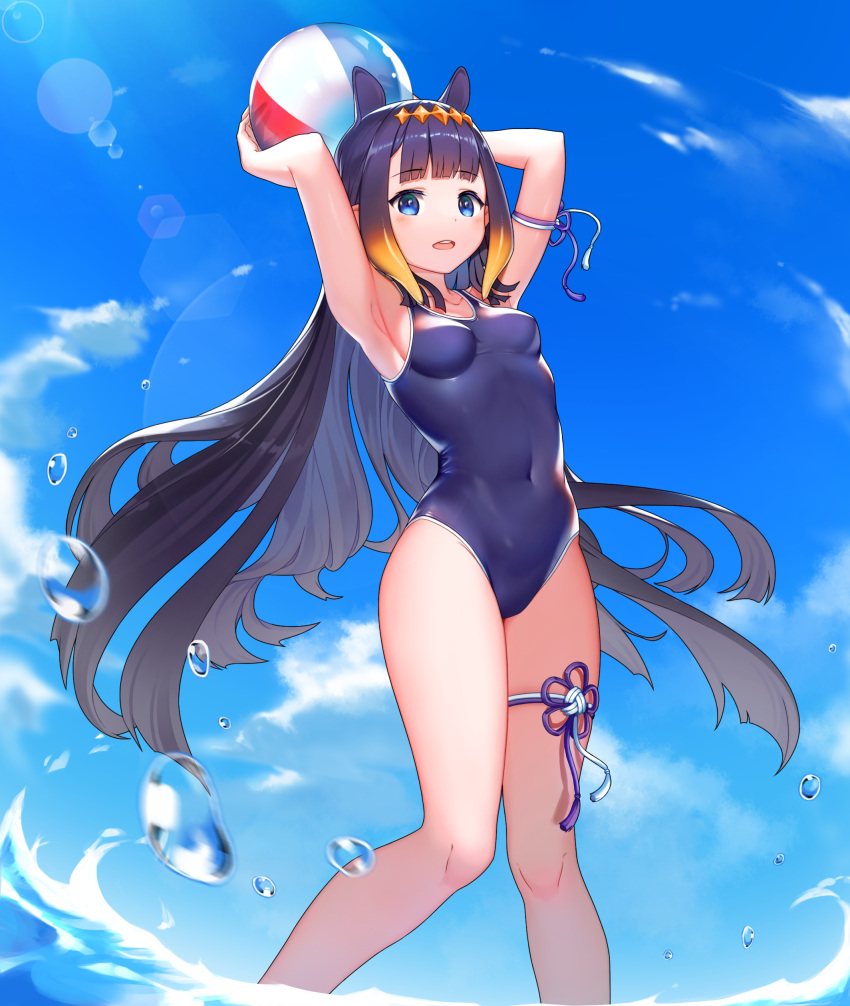 1girl absurdres animal_ears arm_strap armpits arms_up ball bangs beachball black_hair blue_eyes blue_sky blunt_bangs breasts cloud collarbone commentary competition_swimsuit covered_navel day diamond_hairband english_commentary eyebrows_visible_through_hair floating_hair flower_knot gradient_hair highres holding holding_ball holding_beachball hololive hololive_english kim_nico lens_flare long_hair looking_at_viewer motion_blur multicolored_hair ninomae_ina'nis one-piece_swimsuit open_mouth orange_hair shiny shiny_hair sidelocks sky small_breasts solo splashing standing swimsuit tentacle_hair thigh_strap upper_teeth very_long_hair virtual_youtuber wading water water_drop