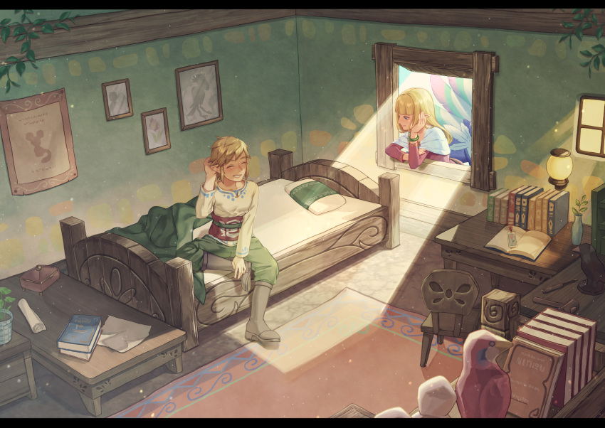 1boy 1girl bangs bed blonde_hair blunt_bangs boots closed_eyes desk highres lantern link loftwing looking_at_another pillow pointy_ears princess_zelda room smile sunlight suzuhiro table the_legend_of_zelda the_legend_of_zelda:_skyward_sword through_window window