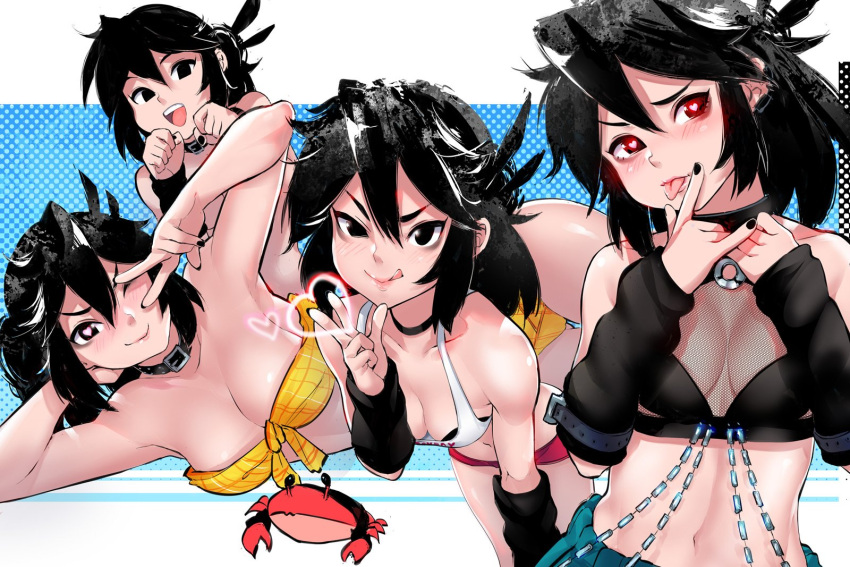 1girl bare_shoulders black_eyes black_hair borrowed_character breasts cleavage crab hair_between_eyes halftone hands_up heart heart-shaped_pupils highres licking_lips long_hair looking_at_viewer lucia_(scott_malin) medium_breasts midriff multiple_views navel one_eye_closed open_mouth original red_eyes robot_cat shadow smile symbol-shaped_pupils tongue tongue_out