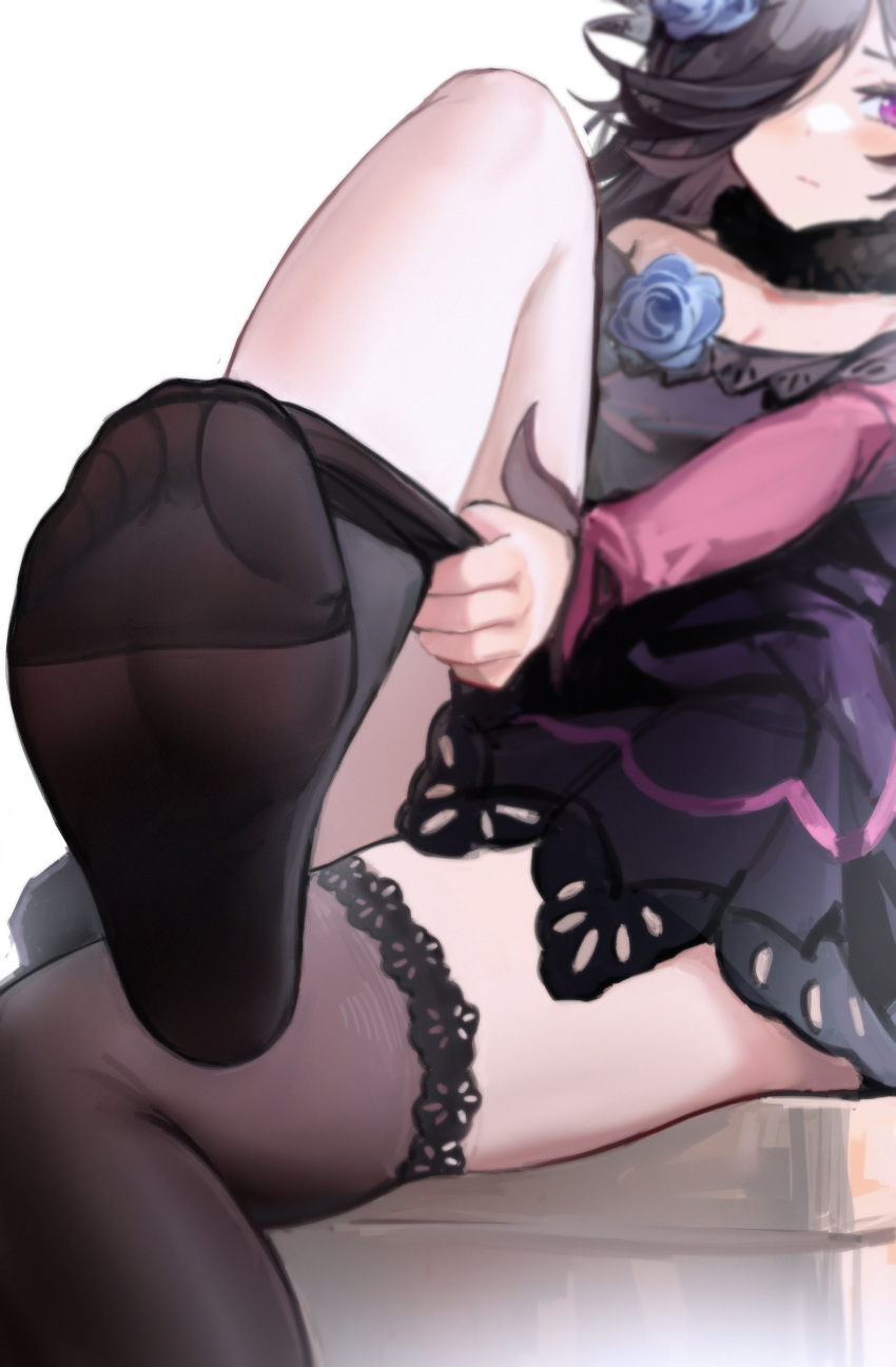 1girl absurdres adjusting_clothes adjusting_legwear bangs black_legwear blue_flower blue_rose blush breasts brown_hair closed_mouth dress feet flower foot_focus foreshortening fur_collar hair_flower hair_ornament hair_over_one_eye highres long_hair long_sleeves looking_at_viewer nagata_gata no_shoes off-shoulder_dress off_shoulder purple_dress purple_eyes red_sleeves rice_shower_(umamusume) rose simple_background sitting soles solo thighhighs umamusume white_background