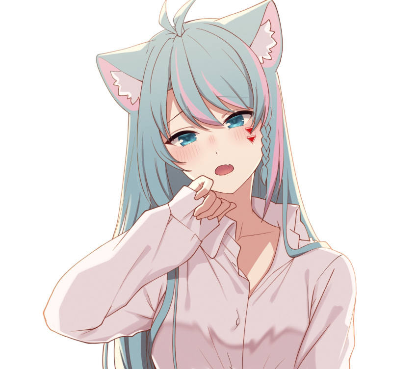 1girl angon623 animal_ear_fluff animal_ears azura_cecillia blue_hair cat_ears collarbone collared_shirt fang highres kemonomimi_mode long_hair multicolored_hair nijisanji nijisanji_id open_mouth pink_hair portrait shirt skin_fang sleeves_past_wrists solo streaked_hair virtual_youtuber white_background white_shirt