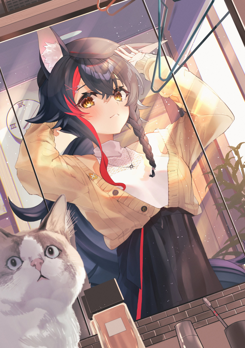 1girl absurdres animal_ears beret black_hair black_skirt braid cardigan cat hair_ornament hairclip hat highres hololive kaoswald long_hair mirror morning multicolored_hair ookami_mio reflection skirt streaked_hair taiga_(ookami_mio) toothbrush very_long_hair virtual_youtuber wolf_ears yellow_eyes