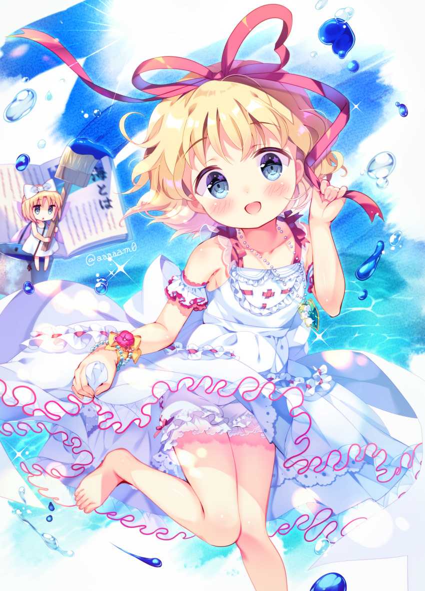 1girl absurdres amo_(shibu3) artist_name bangs bare_shoulders barefoot blonde_hair blue_eyes blue_sky blush bow brush cloud cloudy_sky doll dress eyebrows_visible_through_hair flower frills hand_up hands_up highres leg_up looking_at_viewer medicine_melancholy ocean open_mouth paint pink_flower red_bow running short_hair sky sleeveless smile solo su-san touhou water white_bow white_dress