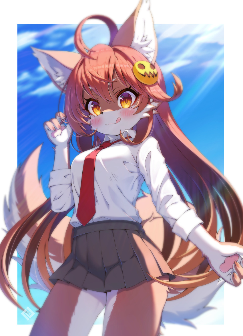 1girl :q ahoge animal_ears blue_sky blush body_fur breasts brown_fur brown_hair cloud commentary_request day furry grey_skirt hair_ornament highres long_hair long_sleeves looking_at_viewer medium_breasts necktie orange_eyes original paws pleated_skirt red_neckwear school_uniform shirt skirt sky solo sunlight tail tongue tongue_out tsuji two-tone_fur white_fur white_shirt wolf_ears wolf_girl wolf_tail