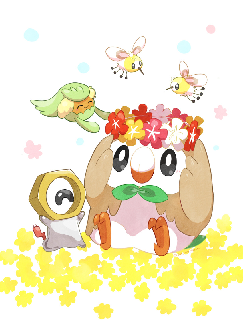 absurdres bird black_eyes bright_pupils closed_mouth comfey commentary_request cutiefly gen_7_pokemon head_wreath highres meltan mythical_pokemon no_humans owl pokemon pokemon_(creature) rowlet saki_pokeoekaki sitting starter_pokemon talons white_background white_pupils