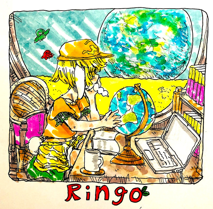 1girl animal_ears book bookshelf bunny_ears coffee_cup computer cup dango desk disposable_cup earth_(planet) flat_cap food from_side globus_cruciger hat highres indoors laptop looking_back moon morinokirin planet ringo_(touhou) sitting space touhou ufo wagashi