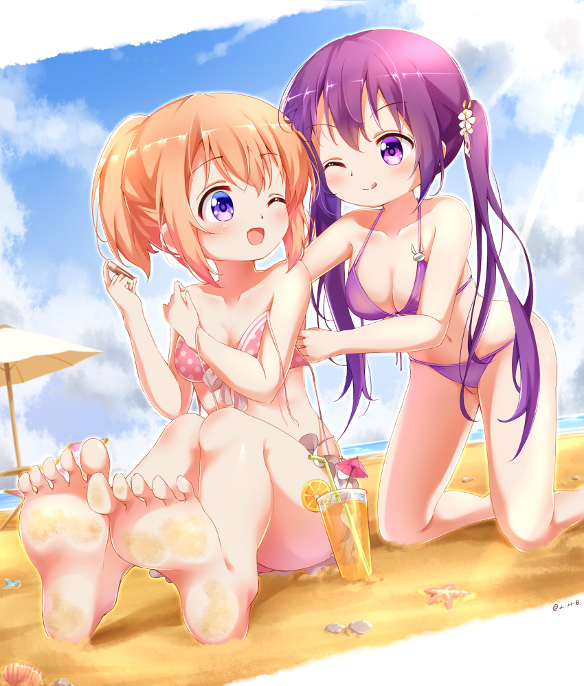 2girls barefoot beach beach_chair beach_umbrella bikini blush bra breasts clam_shell cleavage cloud cocktail_umbrella collarbone day dirty dirty_feet drinking_straw eye_contact feet food fruit glass gochuumon_wa_usagi_desu_ka? highres hoto_cocoa lemon long_hair looking_at_another medium_breasts multiple_girls navel ocean open_mouth orange_hair orange_juice outdoors painter-lhb panties ponytail purple_eyes purple_hair sand signature sky smile soles starfish swimsuit tedeza_rize toes tongue twintails umbrella underwear yuri