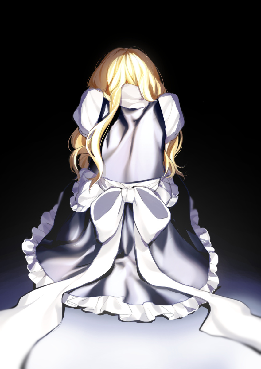 1girl apron back black_background black_dress blonde_hair bow dress floor frills highres jill_07km kirisame_marisa light long_hair no_hat no_headwear puffy_short_sleeves puffy_sleeves shadow shirt short_sleeves simple_background sitting solo touhou white_apron white_bow white_shirt white_sleeves