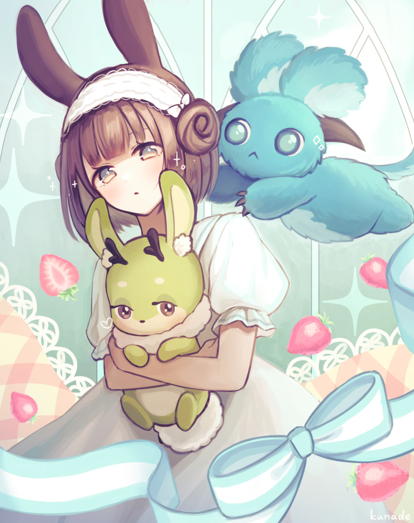 +_+ 1girl :&lt; absurdres animal_ear_fluff animal_ears animal_hug antlers artist_name bangs blue_bow blue_eyes blunt_bangs bow brown_eyes brown_hair bunny bunny_ears bunny_tail commentary_request cryptid double_bun eyebrows_behind_hair food fruit highres hug jackalope kuroneko13x livly_island looking_at_viewer open_mouth puffy_short_sleeves puffy_sleeves short_hair short_sleeves solo sparkle strawberry striped striped_bow tail
