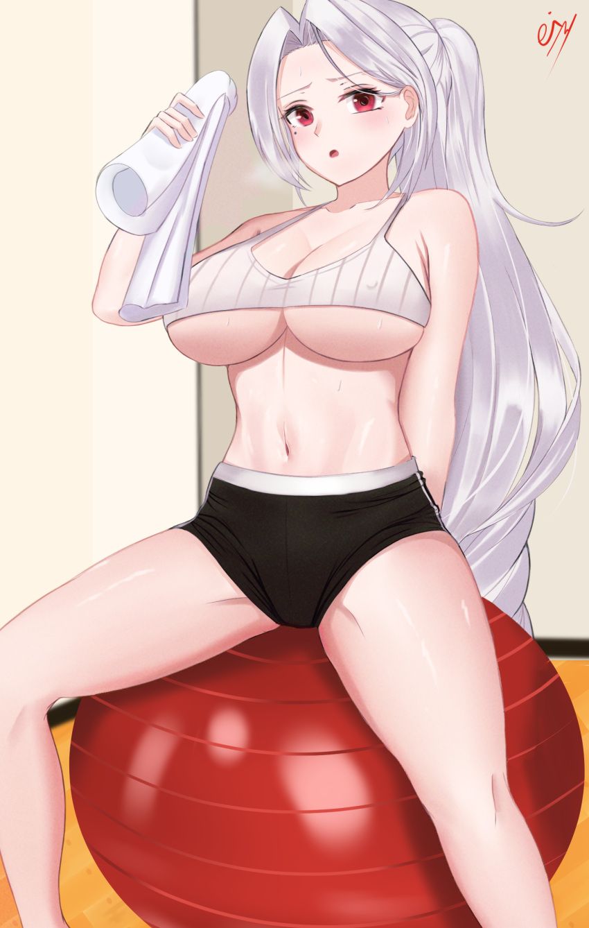 1girl alternate_costume azur_lane ball bike_shorts black_shorts covered_nipples eiundmarmalade exercise_ball high_ponytail highres indoors long_hair looking_at_viewer mole mole_under_eye prinz_heinrich_(azur_lane) red_eyes shorts signature solo sports_bra stomach tank_top very_long_hair white_hair