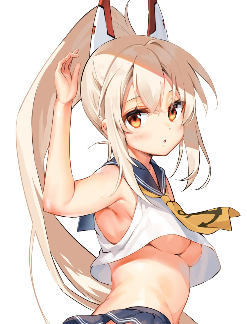 1girl arm_up armpits ascot ayanami_(azur_lane) azur_lane bare_arms bare_shoulders blonde_hair blue_skirt breasts crop_top crop_top_overhang highres kiyosato_0928 long_hair looking_at_viewer mechanical_ears microskirt midriff miniskirt orange_eyes parted_lips ponytail sailor_collar school_uniform serafuku shirt sidelocks skirt sleeveless sleeveless_shirt small_breasts solo underboob upper_body very_long_hair white_background white_shirt