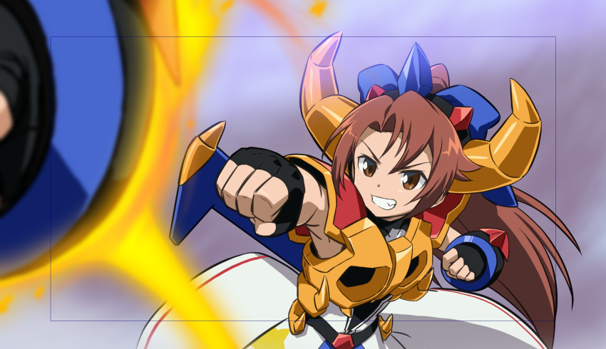 1girl armpits brown_eyes brown_hair clenched_teeth commentary fingerless_gloves framed gai-chan gai-chan_the_great gaiking gaiking:_legend_of_daikuu_maryuu gloves highres horns long_hair robot_girls_z rocket_punch smile solo teeth upper_body zouni_(xavier)