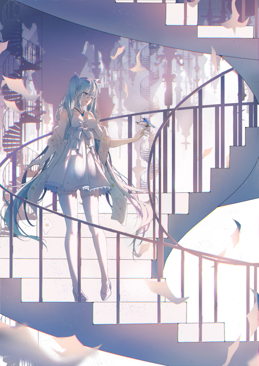 1girl absurdres animal_on_hand bangs bare_shoulders bird bird_on_finger blue_eyes blue_hair breasts cleavage commentary_request dress eyebrows_visible_through_hair hair_between_eyes hair_ribbon hatsune_miku high_heels highres long_hair medium_breasts railing re:rin ribbon shoes sleeveless sleeveless_dress solo stairs thighhighs twintails very_long_hair vocaloid white_dress white_footwear white_legwear white_ribbon