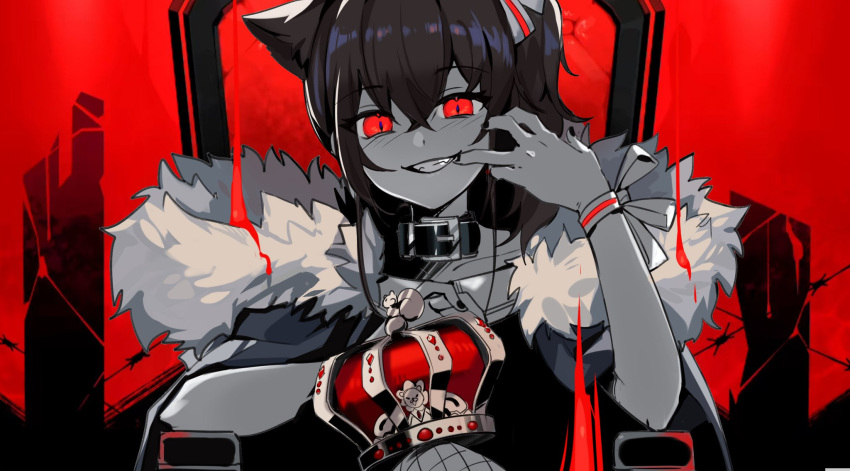 1girl animal_ears barbed_wire black_collar black_nails brown_hair clenched_teeth coat collar crown crown_removed dark_talker fur-trimmed_coat fur_trim grin highres holding_crown hololive king_(vocaloid) limited_palette mouth_pull natsuiro_matsuri red_eyes smile solo teeth throne virtual_youtuber