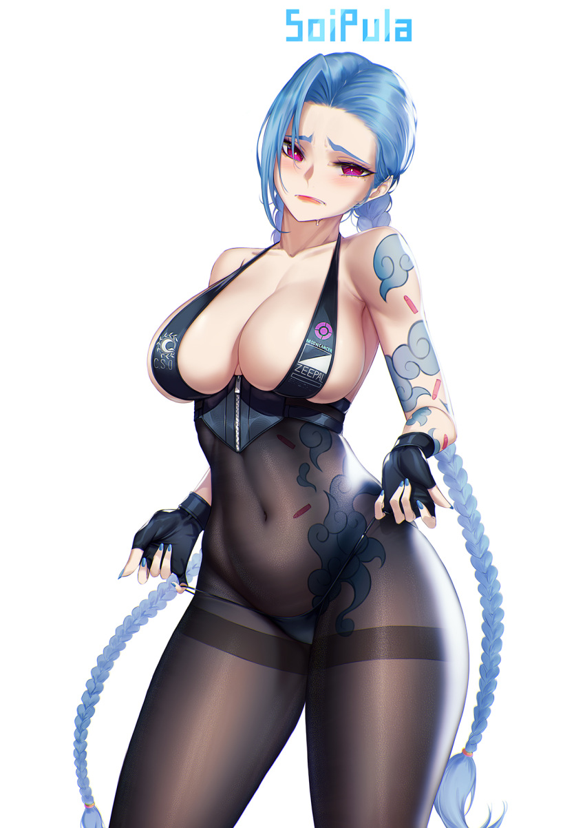 1girl alternate_breast_size alternate_costume bikini black_bikini black_gloves black_panties blue_hair blue_nails blueorca blush bodystocking braid breasts cleavage collarbone commission cosplay covered_navel cowboy_shot english_commentary fate/grand_order fate_(series) fingerless_gloves gloves highres jinx_(league_of_legends) large_breasts league_of_legends long_hair looking_at_viewer mole mole_under_eye panties panty_pull parted_lips pink_eyes pulled_by_self sesshouin_kiara_(swimsuit_mooncancer)_(fate) sesshouin_kiara_(swimsuit_mooncancer)_(fate)_(cosplay) simple_background solo standing sweatdrop swimsuit tattoo twin_braids underwear very_long_hair white_background