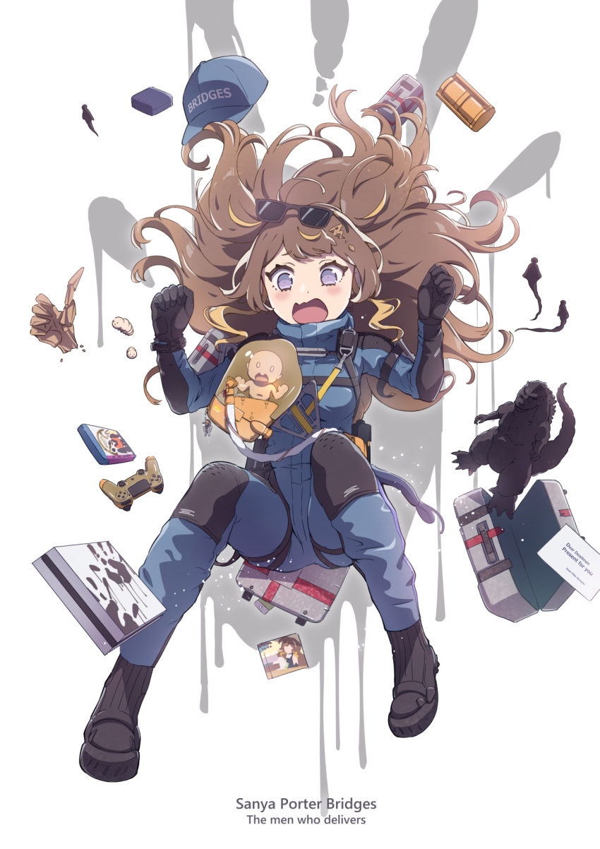 1girl anya_melfissa baby baseball_cap black_gloves blonde_hair blue_bodysuit blue_headwear blush bodysuit breasts brown_hair clenched_hands cosplay death_stranding falling figure floating_hair game_console gloves godzilla godzilla_(series) hat highres hololive hololive_indonesia medium_breasts minato_asuka multicolored_hair open_mouth playstation_4 playstation_controller sam_porter_bridges sam_porter_bridges_(cosplay) solo_focus streaked_hair sunglasses two_side_up virtual_youtuber