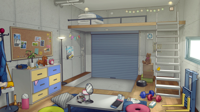 alarm_clock arrow_(symbol) bag bed blanket box bulletin_board bunk_bed cardboard_box clock cosmetics cup cushion drawer dumbbell english_text fan flashlight forkliftless glasses hand_mirror handheld_game_console hat_stand indie_virtual_youtuber indoors konami_code lamp light_rays lipstick_tube logo_parody mascara_wand mikan_box mirror molcar mug nintendo_switch no_humans okrihto_tirto_channel orange-framed_eyewear paper pencil photo_(object) plant poster_(object) potato_(pui_pui_molcar) potted_plant pui_pui_molcar rubber_duck rug scenery shoulder_bag stairs star_(symbol) string_of_flags stuffed_animal stuffed_dog stuffed_toy table teddy_bear tissue tissue_box trash_can twitter_username wheel window wooden_floor yoruhachi