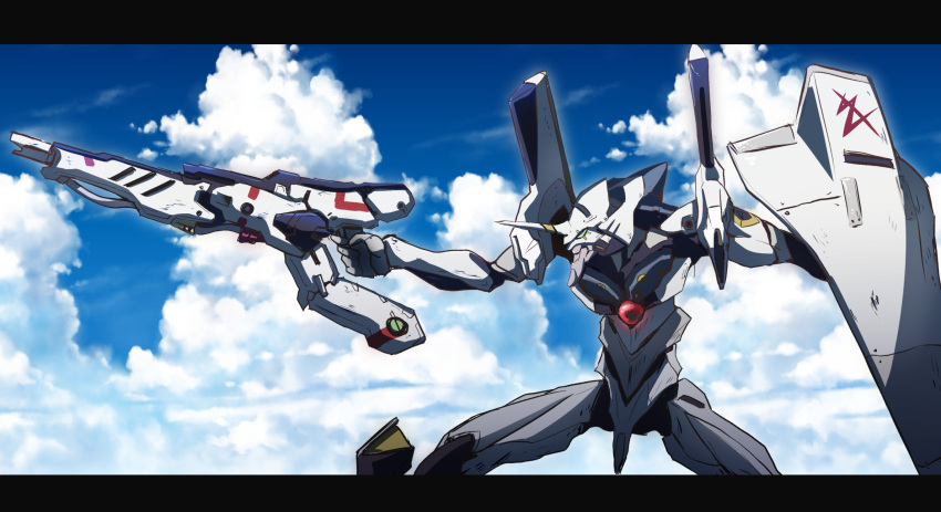 aiming char's_counterattack cloud eva_01 fujitaka_nasu fusion green_eyes gun gundam highres holding holding_gun holding_shield holding_weapon horns mecha neon_genesis_evangelion no_humans nu_gundam science_fiction shield single_horn sky solo weapon