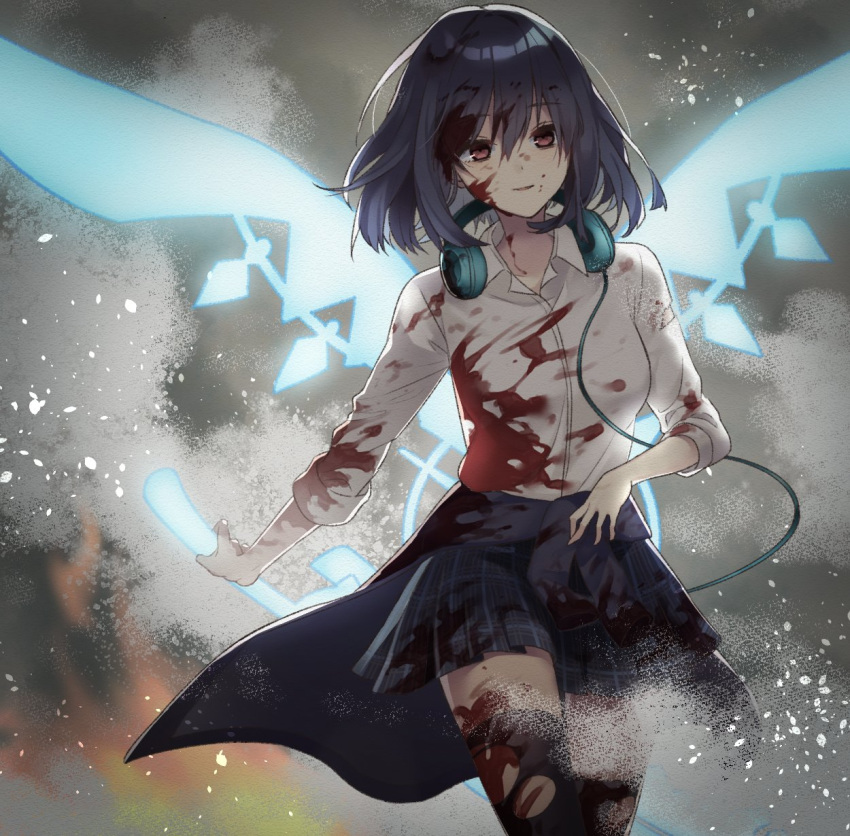 1girl alice_(sinoalice) blood blood_on_face blood_splatter bloody_clothes blue_hair clothes_around_waist collared_shirt energy_sword energy_wings headphones headphones_around_neck highres holding holding_sword holding_weapon jacket jacket_around_waist looking_at_viewer parted_lips plaid plaid_skirt pleated_skirt red_eyes school_uniform shirt sinoalice skirt smile smoke solo sword thighhighs torn_clothes torn_legwear weapon yuna726