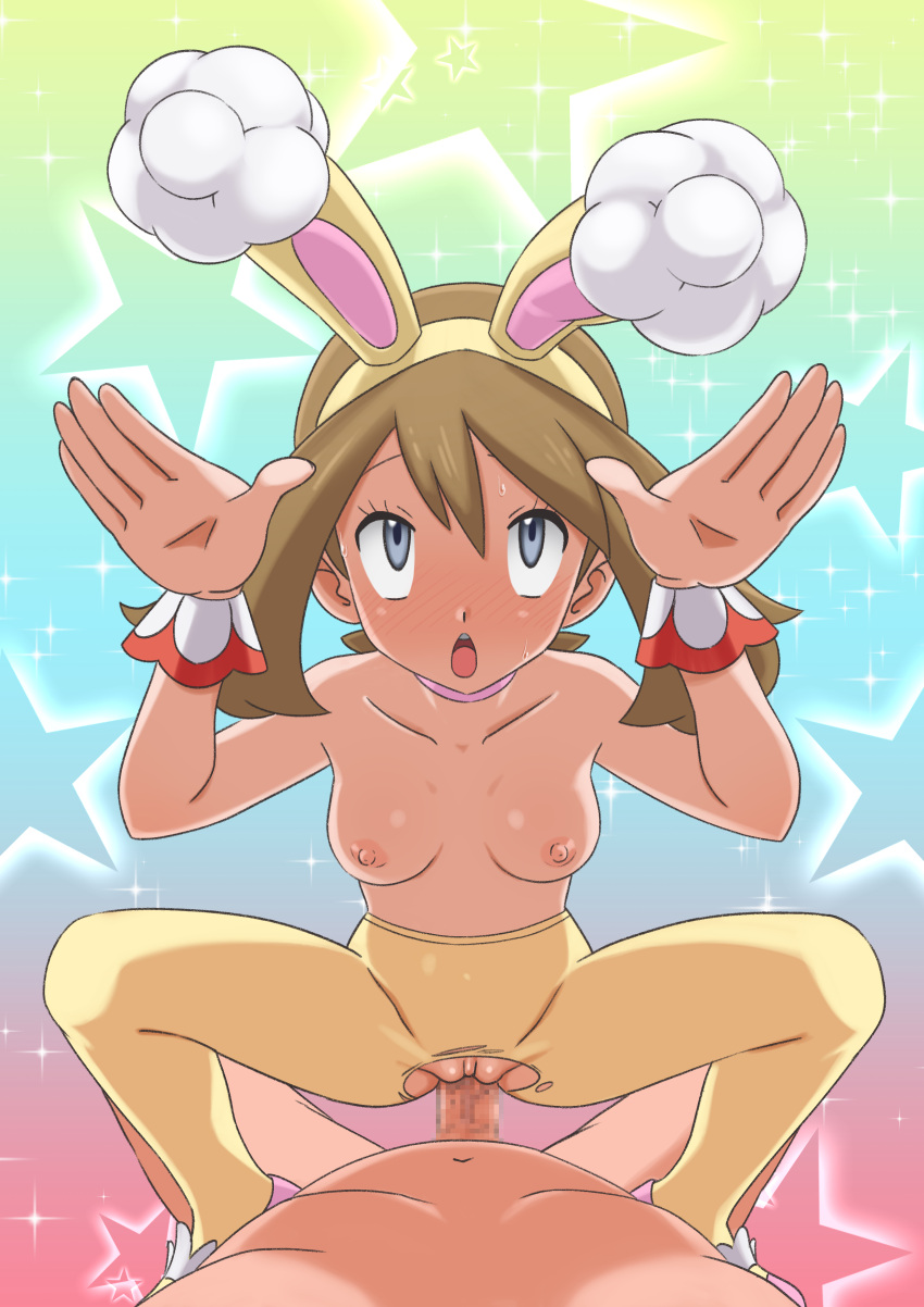 1boy 1girl absurdres animal_ears bangs breasts brown_hair bunny_pose censored choker clothed_female_nude_male collarbone commentary_request eyelashes fake_animal_ears grey_eyes hairband hands_up hetero highres may_(pokemon) miraa_(chikurin) mosaic_censoring nipples nude official_alternate_costume open_mouth pantyhose penis pink_choker pink_footwear pokemon pokemon_(game) pokemon_masters_ex pussy rolling_eyes sex shoes sparkle spread_legs squatting_cowgirl_position star_(symbol) sweat tongue topless torn_clothes torn_legwear upper_teeth vaginal wrist_cuffs yellow_hairband yellow_legwear