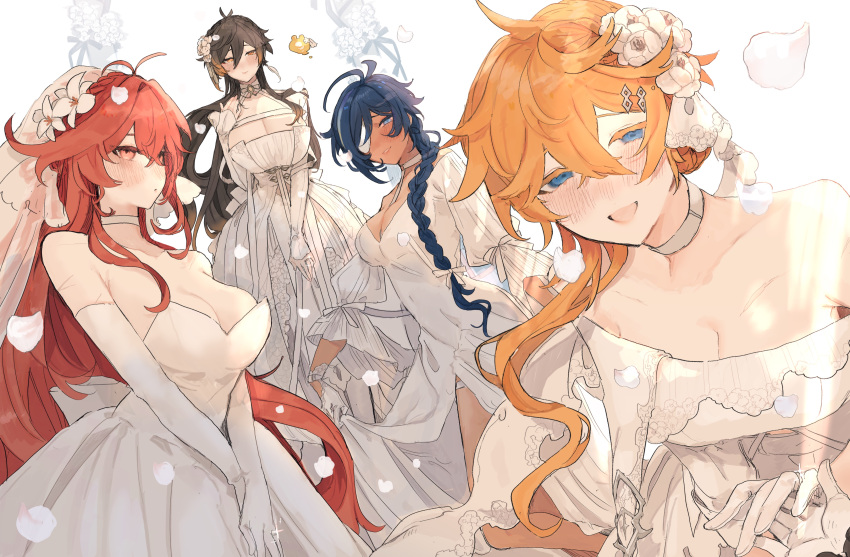 4girls absurdres antenna_hair bangs black_hair blue_eyes blue_hair blush braid breasts bridal_veil choker cleavage dark-skinned_female dark_skin diluc_(genshin_impact) dress earrings elbow_gloves eyepatch flower genderswap genderswap_(mtf) genshin_impact gloves gradient_hair hair_between_eyes hair_flower hair_ornament hairclip highres huge_breasts jewelry kaeya_(genshin_impact) large_breasts long_hair multicolored_hair multiple_girls open_mouth orange_hair petals red_eyes red_hair ring seelie_(genshin_impact) single_braid single_earring skirt_hold smile sparkle streaked_hair tabibitowayo tartaglia_(genshin_impact) thigh_strap veil very_long_hair wedding_band wedding_dress white_choker white_dress white_eyepatch white_flower white_gloves zhongli_(genshin_impact)