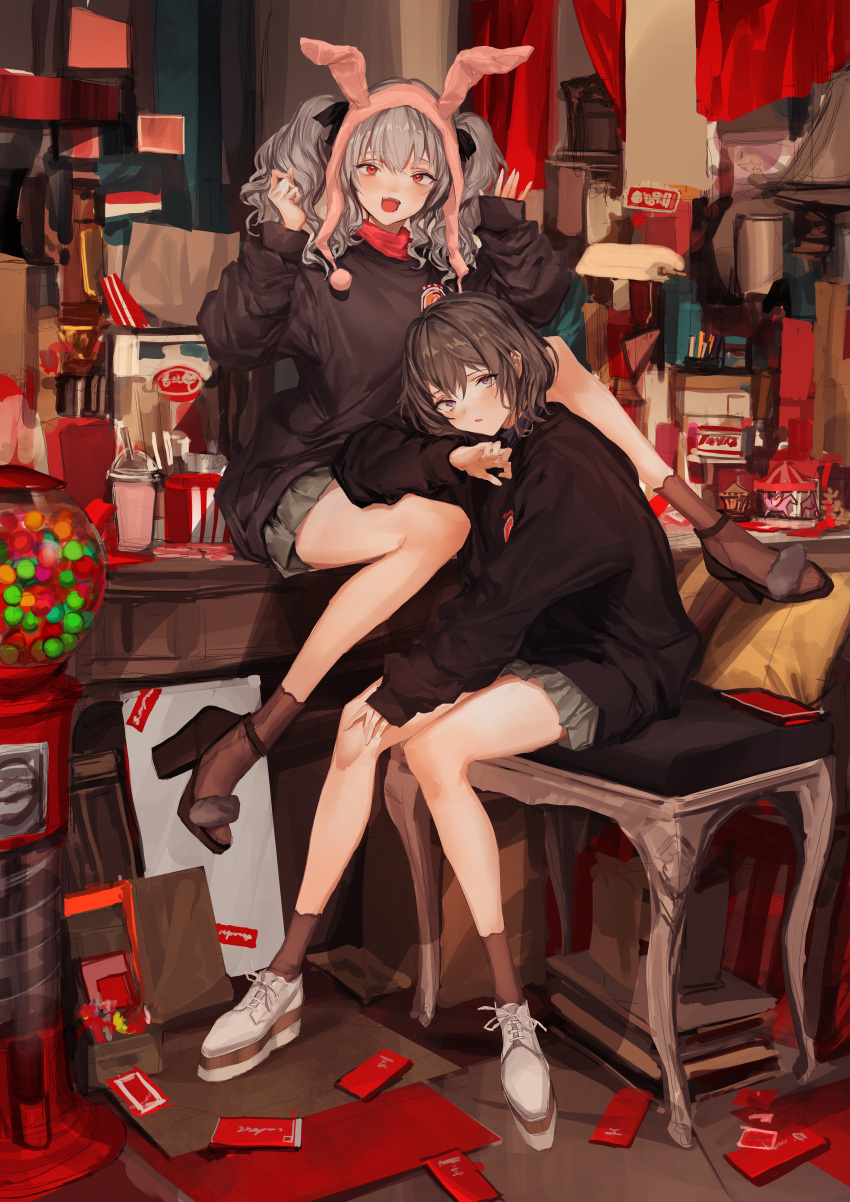 2girls :d absurdres animal_ears arm_rest between_legs black_shirt book book_stack brown_footwear brown_hair brown_legwear chair cup disposable_cup drinking_straw fake_animal_ears fang full_body grey_skirt gumball_machine hand_on_own_leg hands_up head_tilt high_heels highres ichijou_riana indoors kankunen_yua knee_up knees_together_feet_apart lavender_quartz lm7_(op-center) long_hair long_sleeves looking_at_viewer messy_room miniskirt multiple_girls on_chair on_lap on_table open_mouth parted_lips pleated_skirt puffy_sleeves purple_eyes rabbit_ears red_eyes shirt shoes short_hair silver_hair sitting skirt sleeves_past_wrists smile sneakers socks strappy_heels sweatshirt table turtleneck twintails wavy_hair white_footwear