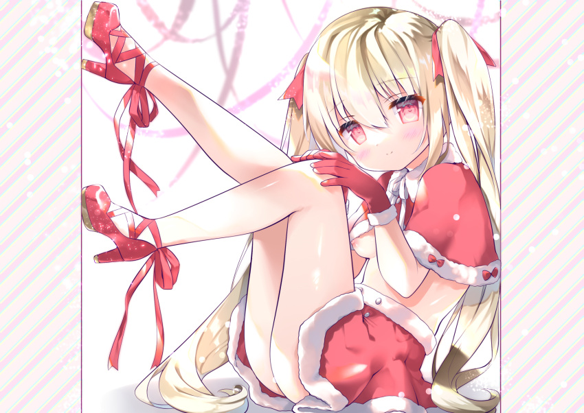 1girl amanagi_seiji bangs blonde_hair blush breasts capelet closed_mouth diagonal_stripes eyebrows_visible_through_hair full_body fur-trimmed_capelet fur-trimmed_gloves fur-trimmed_skirt fur_trim gloves hair_between_eyes hair_ribbon hands_on_own_knee high_heels highres knee_up leg_up long_hair looking_at_viewer medium_breasts original red_capelet red_eyes red_footwear red_gloves red_ribbon red_skirt ribbon shoes skirt smile solo striped striped_background twintails underboob very_long_hair
