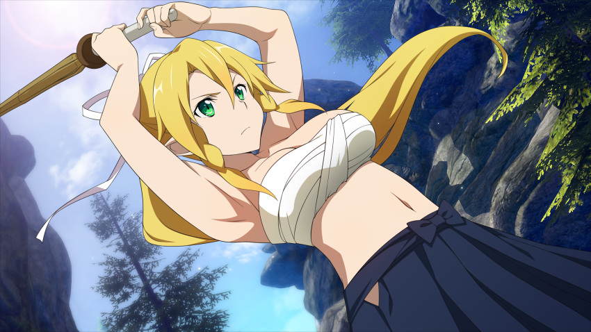 1girl armpits arms_up bandages bandeau bangs bare_arms bare_shoulders blonde_hair blue_sky breasts cleavage cloud cowboy_shot day dutch_angle game_cg green_eyes hair_between_eyes hair_ribbon haori highres holding holding_weapon japanese_clothes large_breasts leafa long_hair midriff navel official_art outdoors ribbon sarashi shinai sidelocks sky solo standing stomach strapless sword sword_art_online sword_art_online:_hollow_fragment tree tubetop weapon white_ribbon