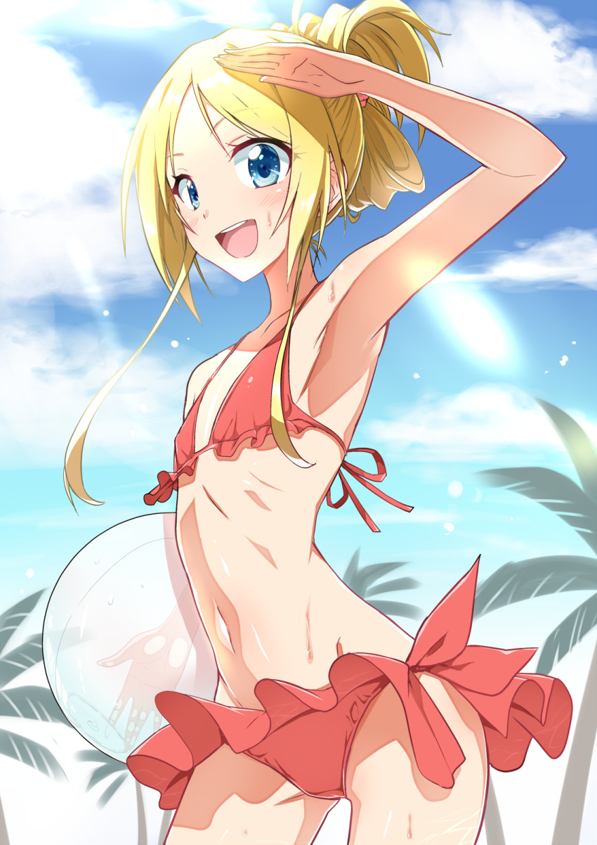 1girl :d armpits ball bikini blue_eyes blue_sky blush cloud commentary_request day flat_chest folded_ponytail frilled_bikini frills hand_up highres holding holding_ball looking_at_viewer navel open_mouth original palm_tree red_bikini short_hair sky smile solo sunlight sweat swimsuit thighs tree yuto_(dialique)
