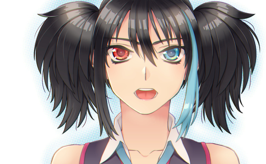 1girl black_hair blue_eyes blue_hair close-up collarbone collared_shirt face hair_between_eyes heterochromia looking_at_viewer medium_hair multicolored_hair mutsubizuki open_mouth portrait red_eyes shiny shiny_hair shirt sleeveless sleeveless_shirt solo streaked_hair twintails utau yokune_ruko